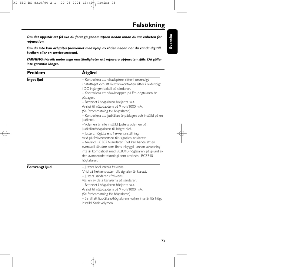 Felsökning | Philips BC 8310 User Manual | Page 73 / 133