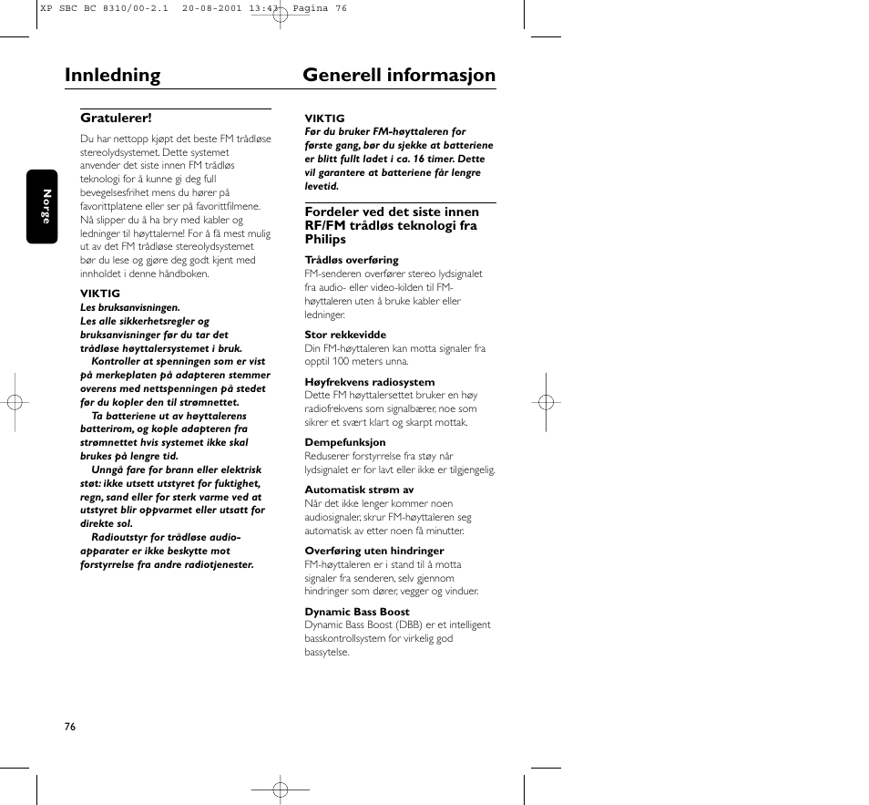 Innledning generell informasjon | Philips BC 8310 User Manual | Page 76 / 133