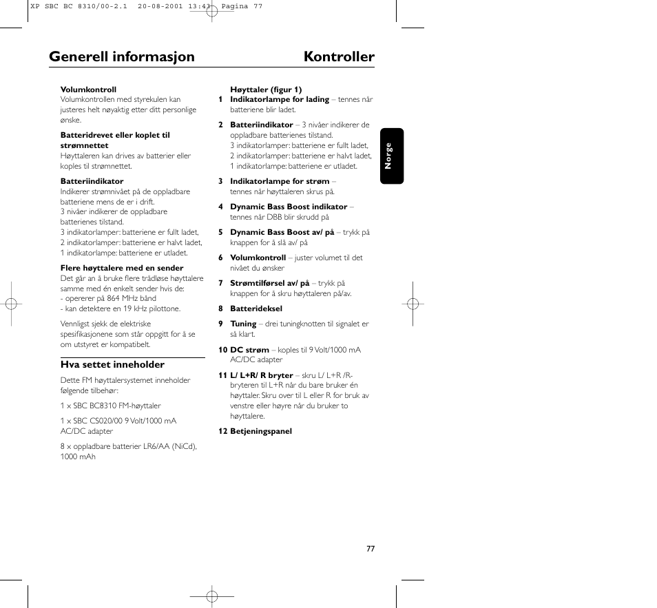 Generell informasjon kontroller | Philips BC 8310 User Manual | Page 77 / 133