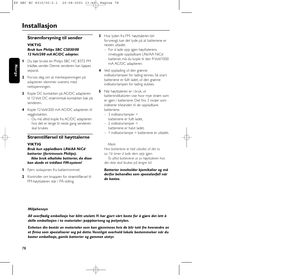 Installasjon | Philips BC 8310 User Manual | Page 78 / 133