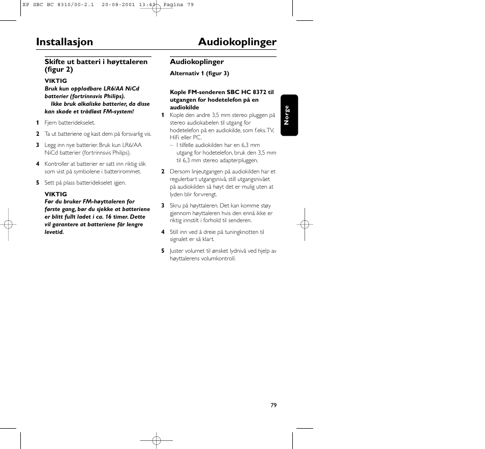 Installasjon audiokoplinger | Philips BC 8310 User Manual | Page 79 / 133