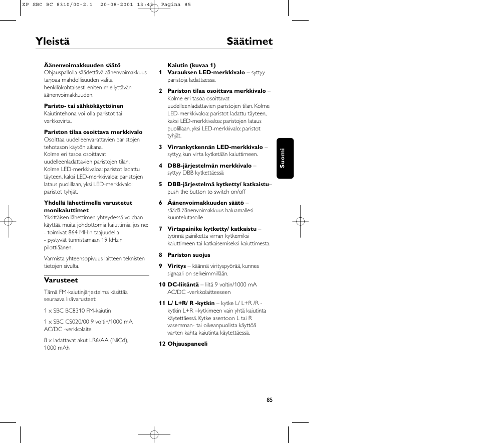 Yleistä säätimet | Philips BC 8310 User Manual | Page 85 / 133