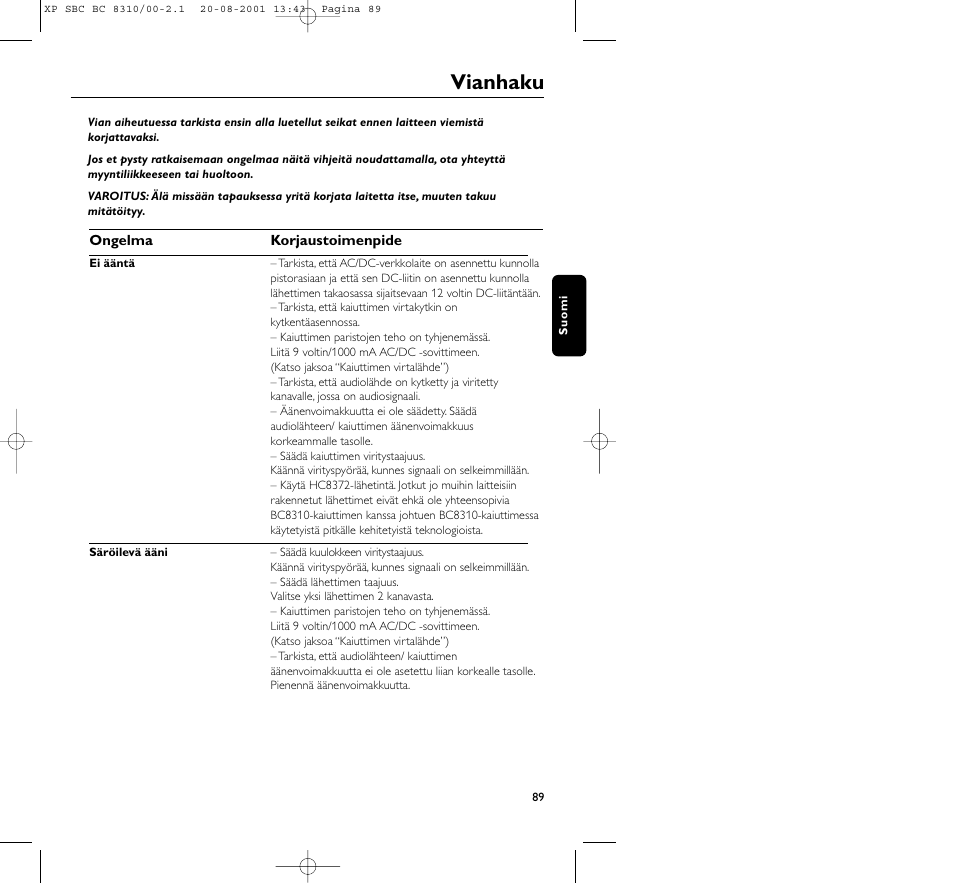 Vianhaku | Philips BC 8310 User Manual | Page 89 / 133