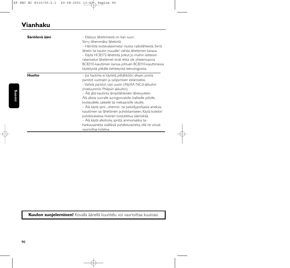 Vianhaku | Philips BC 8310 User Manual | Page 90 / 133