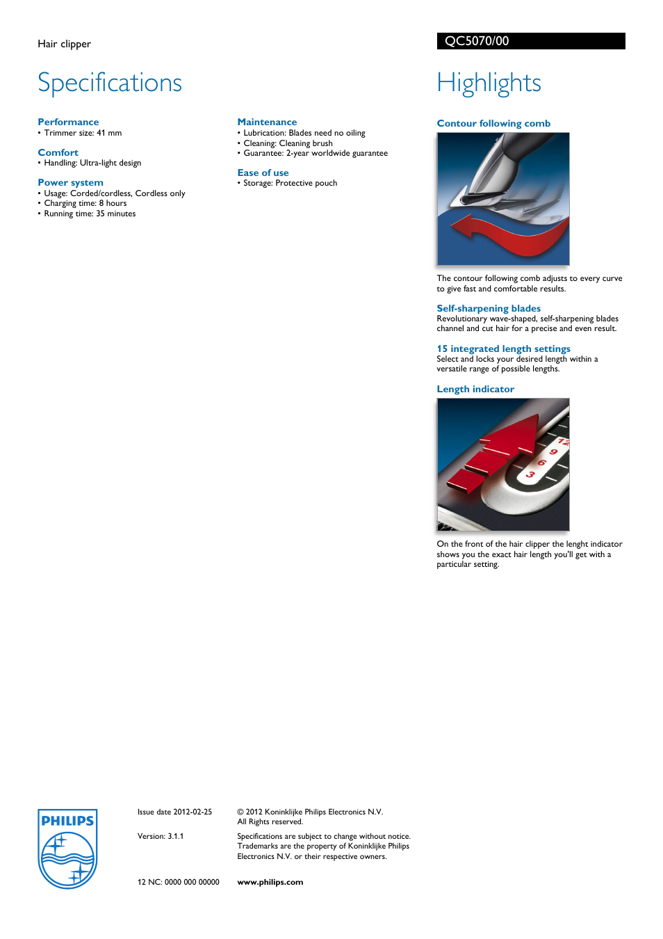 Specifications, Highlights | Philips QC5070 User Manual | Page 2 / 2
