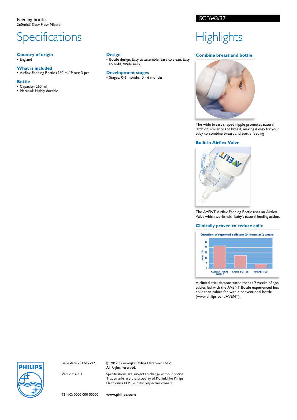 Specifications, Highlights | Philips AVENT SCF643/37 User Manual | Page 2 / 2