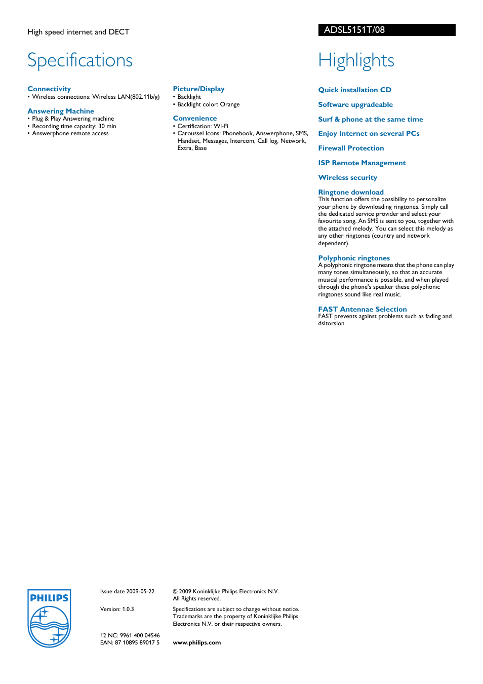 Specifications, Highlights | Philips ADSL5151T/08 User Manual | Page 2 / 2