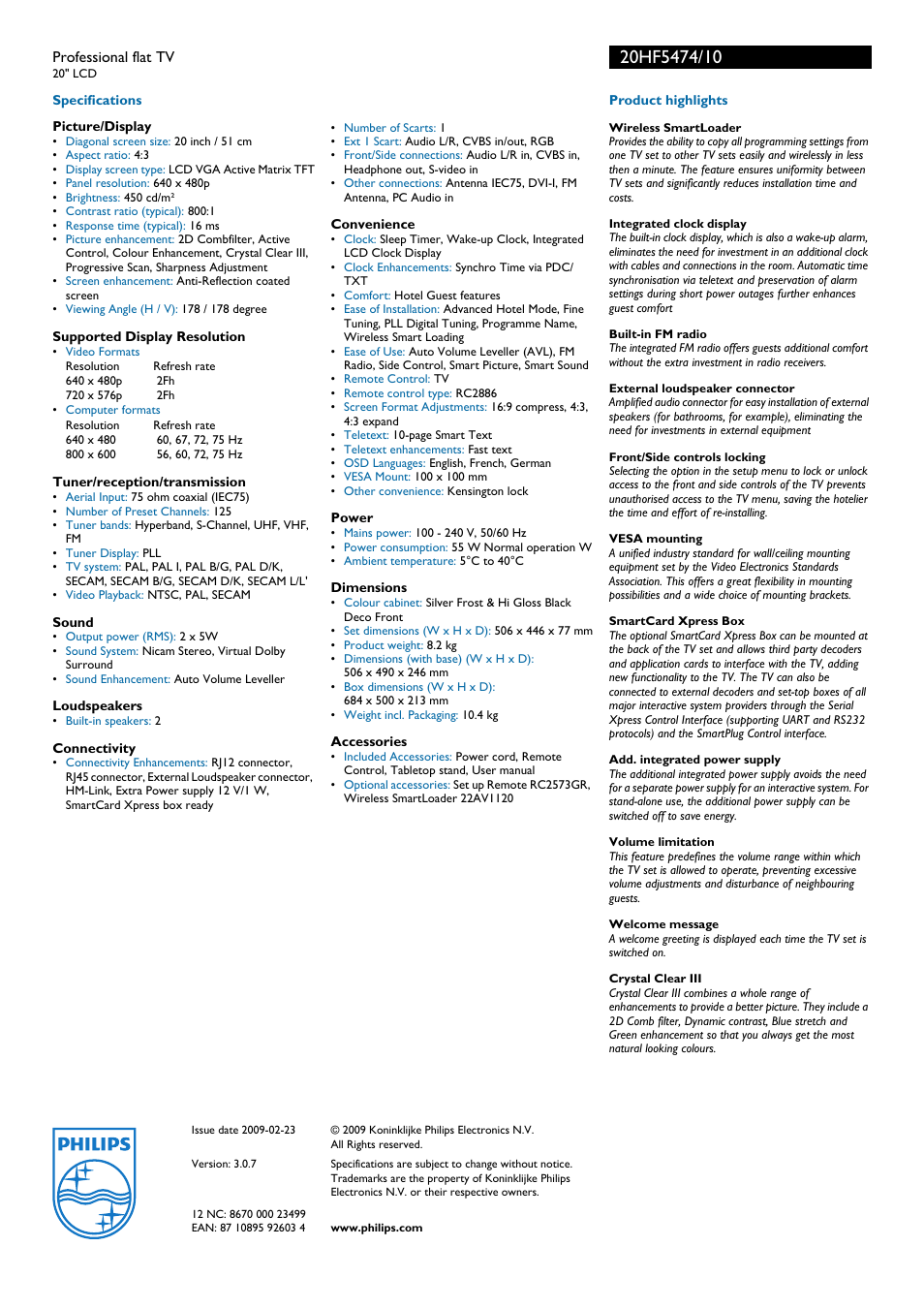 Philips 20HF5474 User Manual | Page 2 / 2