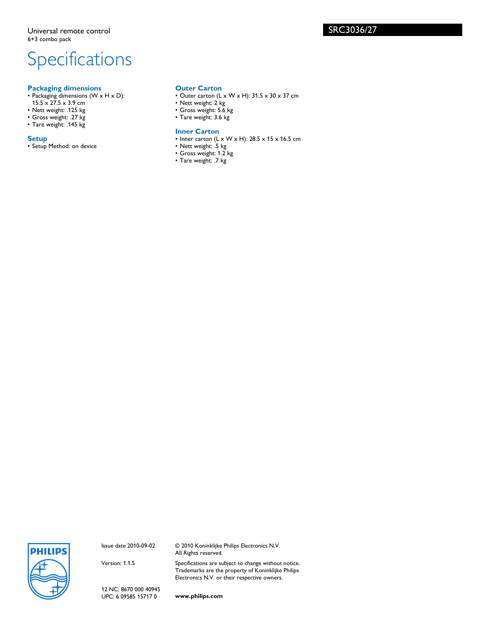 Specifications | Philips SRC3036 User Manual | Page 2 / 2
