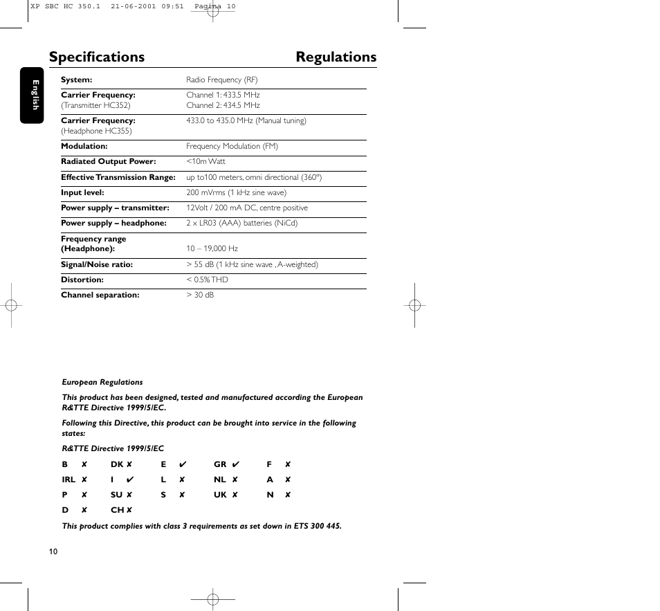 Specifications regulations | Philips HC350 User Manual | Page 10 / 32