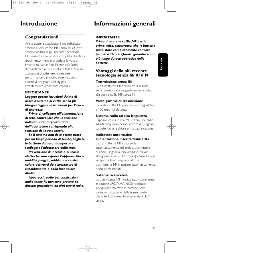 Introduzione informazioni generali | Philips HC350 User Manual | Page 11 / 32