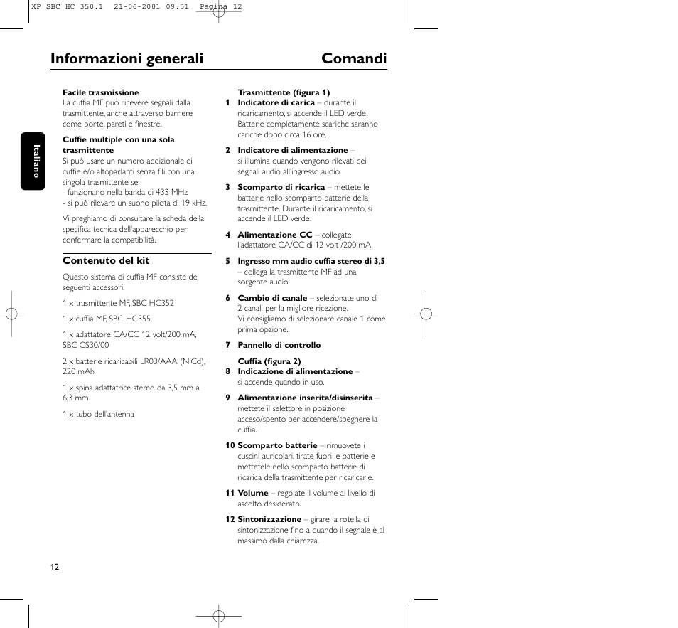 Informazioni generali comandi | Philips HC350 User Manual | Page 12 / 32