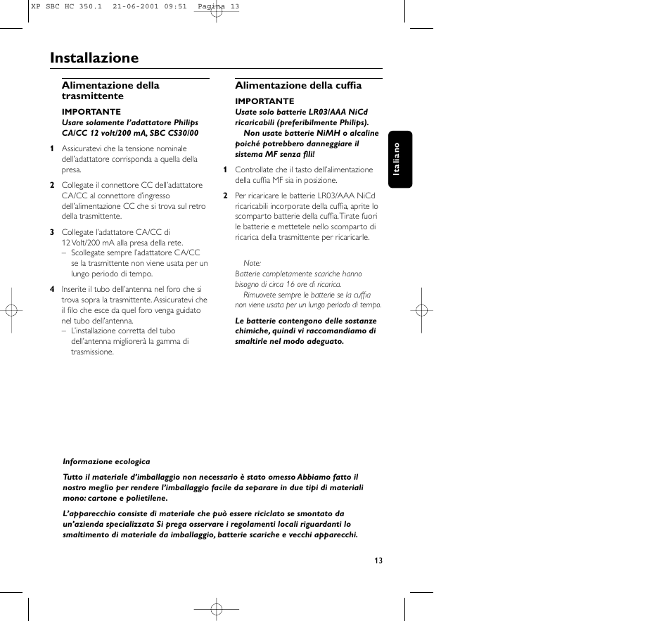 Installazione | Philips HC350 User Manual | Page 13 / 32