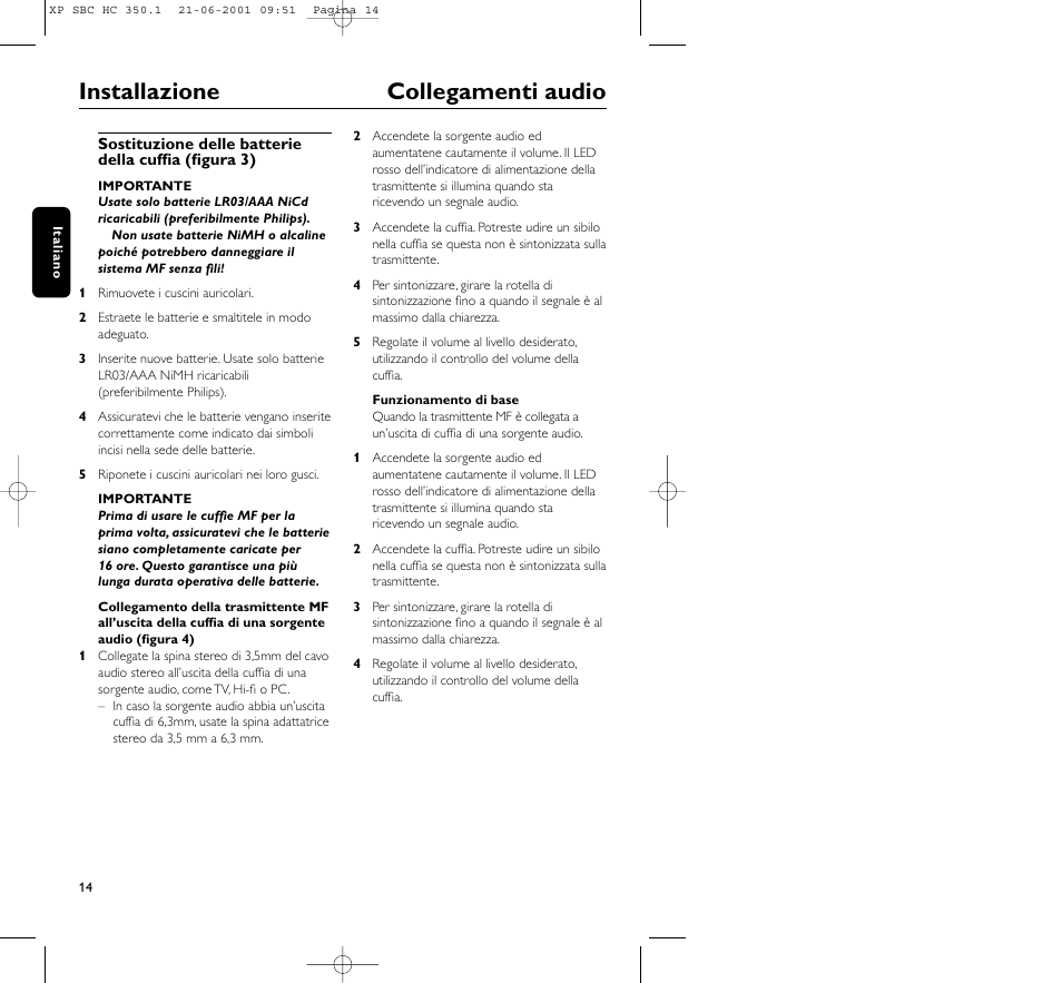 Installazione collegamenti audio | Philips HC350 User Manual | Page 14 / 32