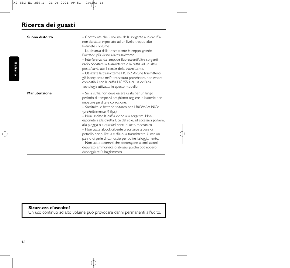 Ricerca dei guasti | Philips HC350 User Manual | Page 16 / 32