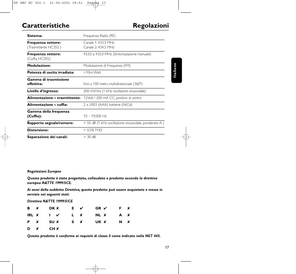 Caratteristiche regolazioni | Philips HC350 User Manual | Page 17 / 32