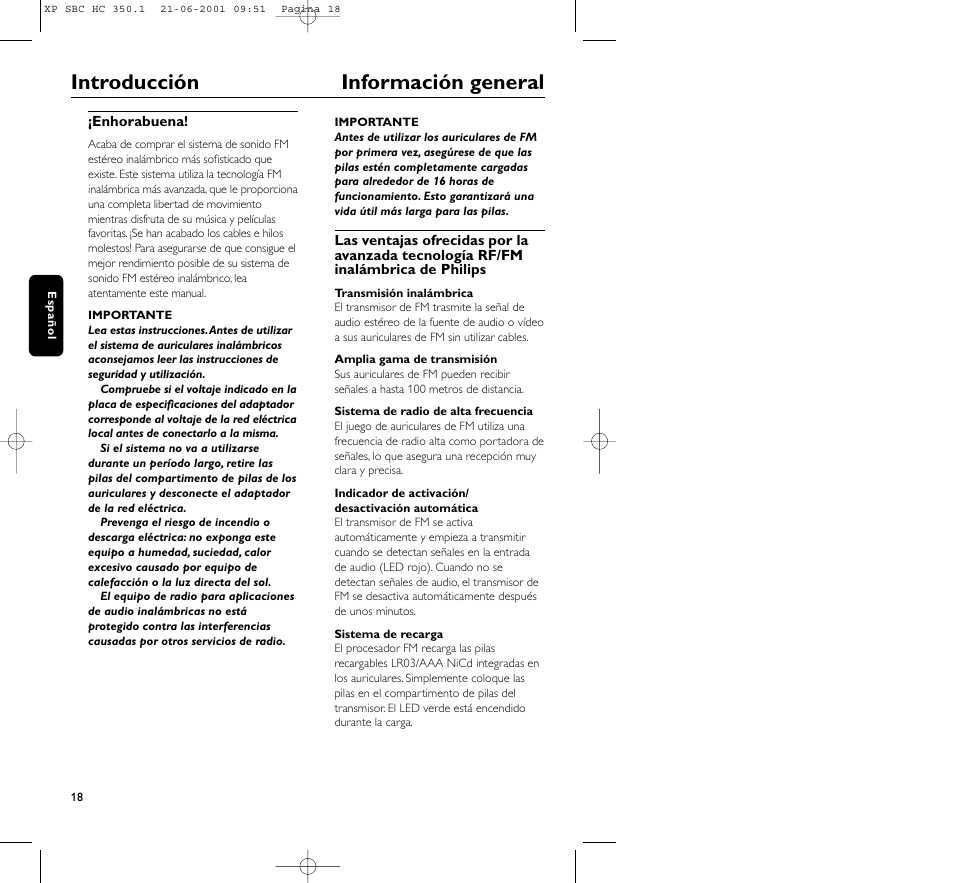 Introducción información general | Philips HC350 User Manual | Page 18 / 32