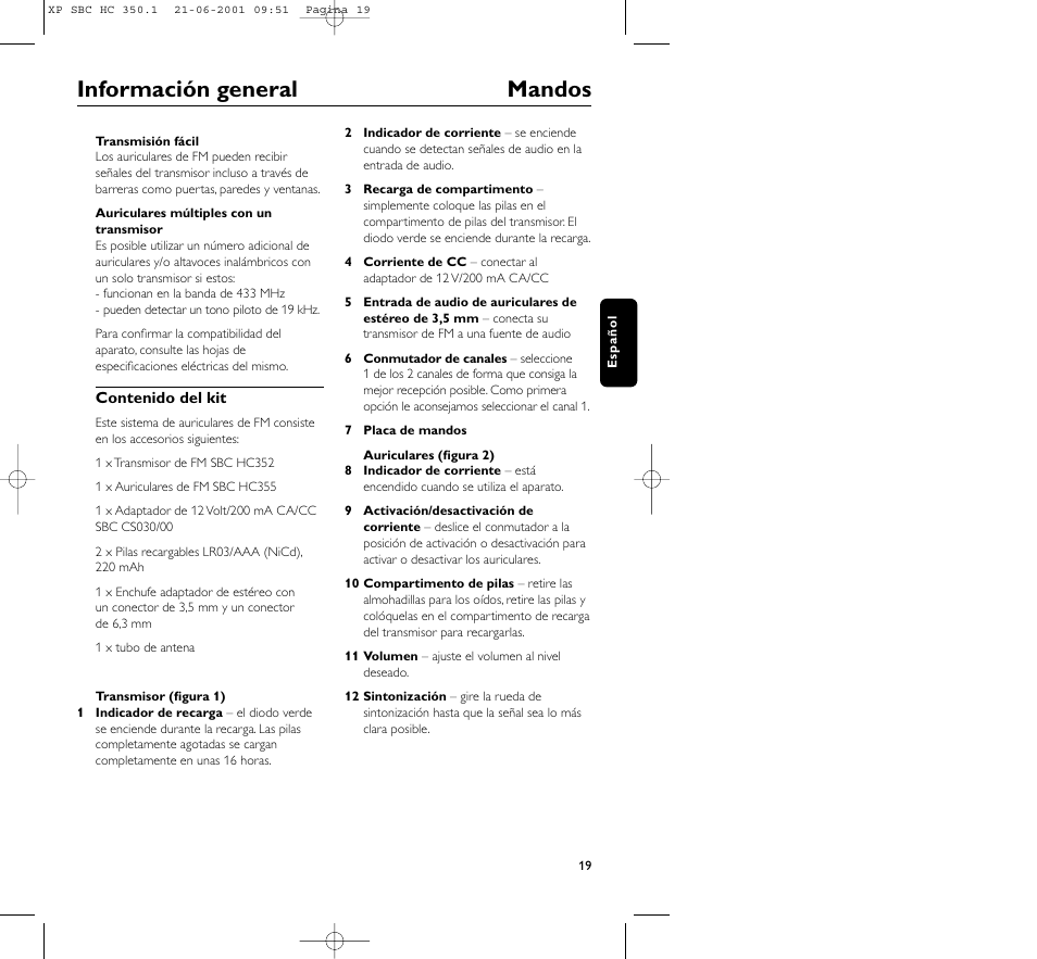 Información general mandos | Philips HC350 User Manual | Page 19 / 32