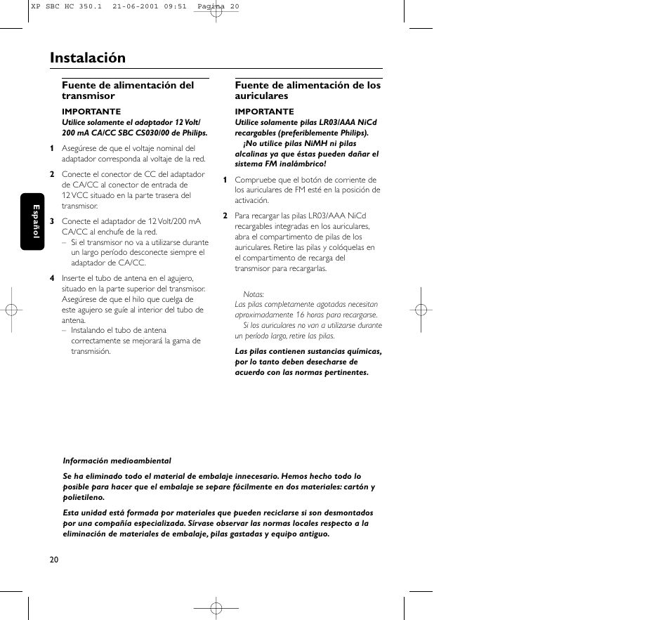 Instalación | Philips HC350 User Manual | Page 20 / 32