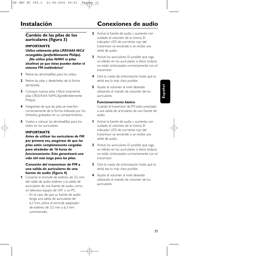 Instalación conexiones de audio | Philips HC350 User Manual | Page 21 / 32