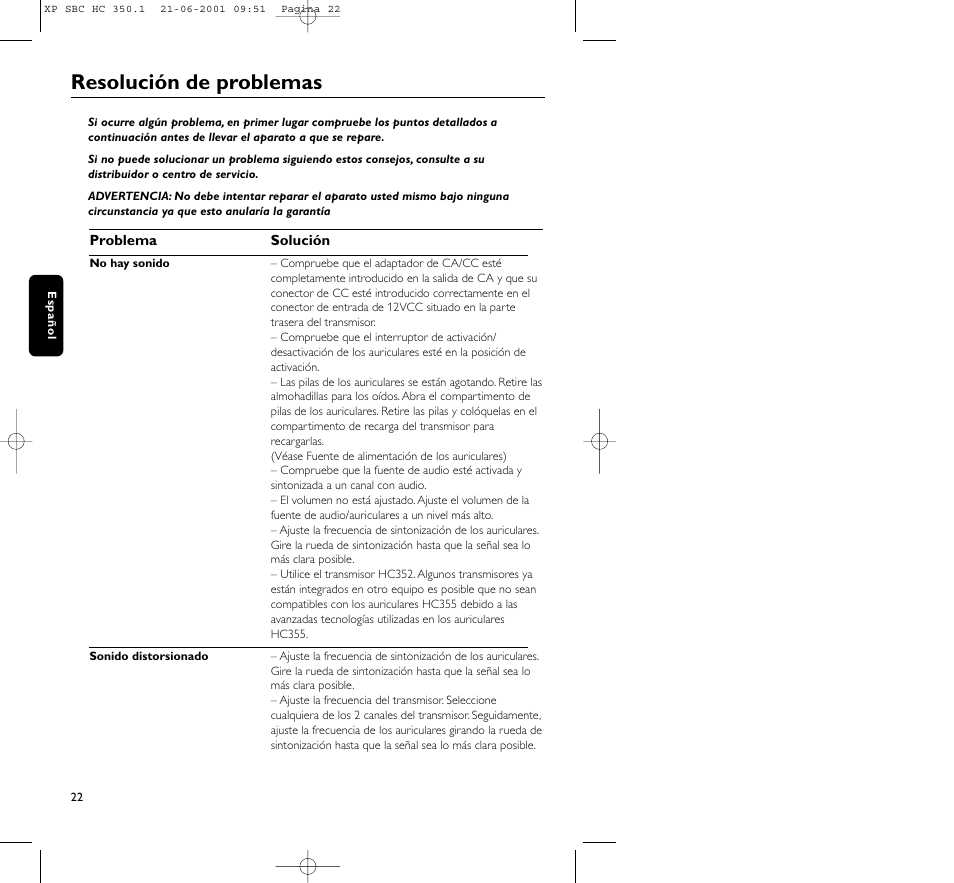 Resolución de problemas | Philips HC350 User Manual | Page 22 / 32