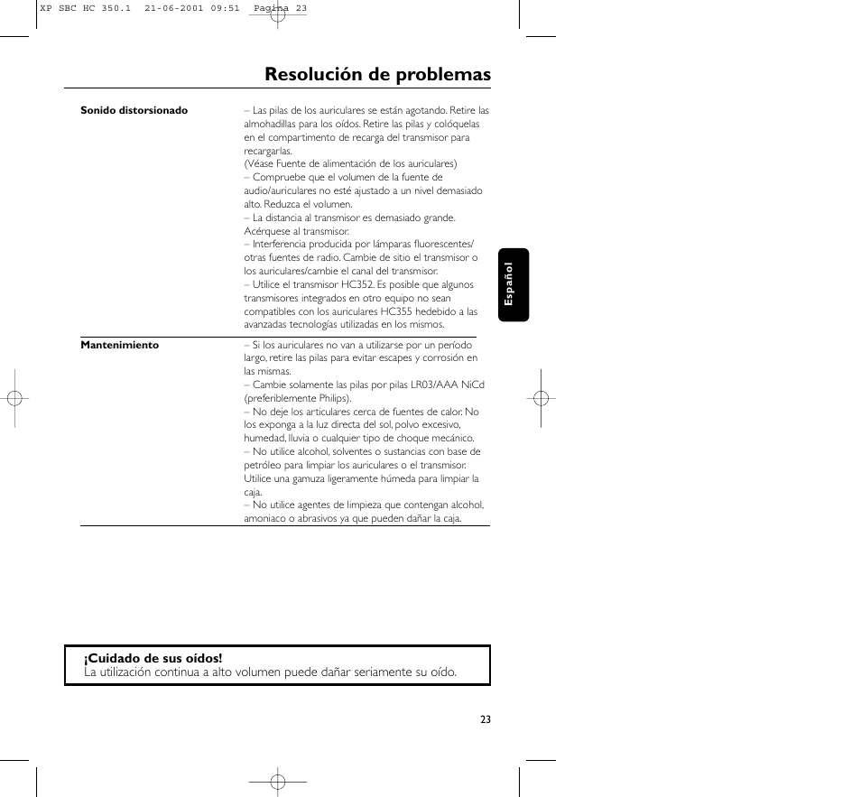 Resolución de problemas | Philips HC350 User Manual | Page 23 / 32