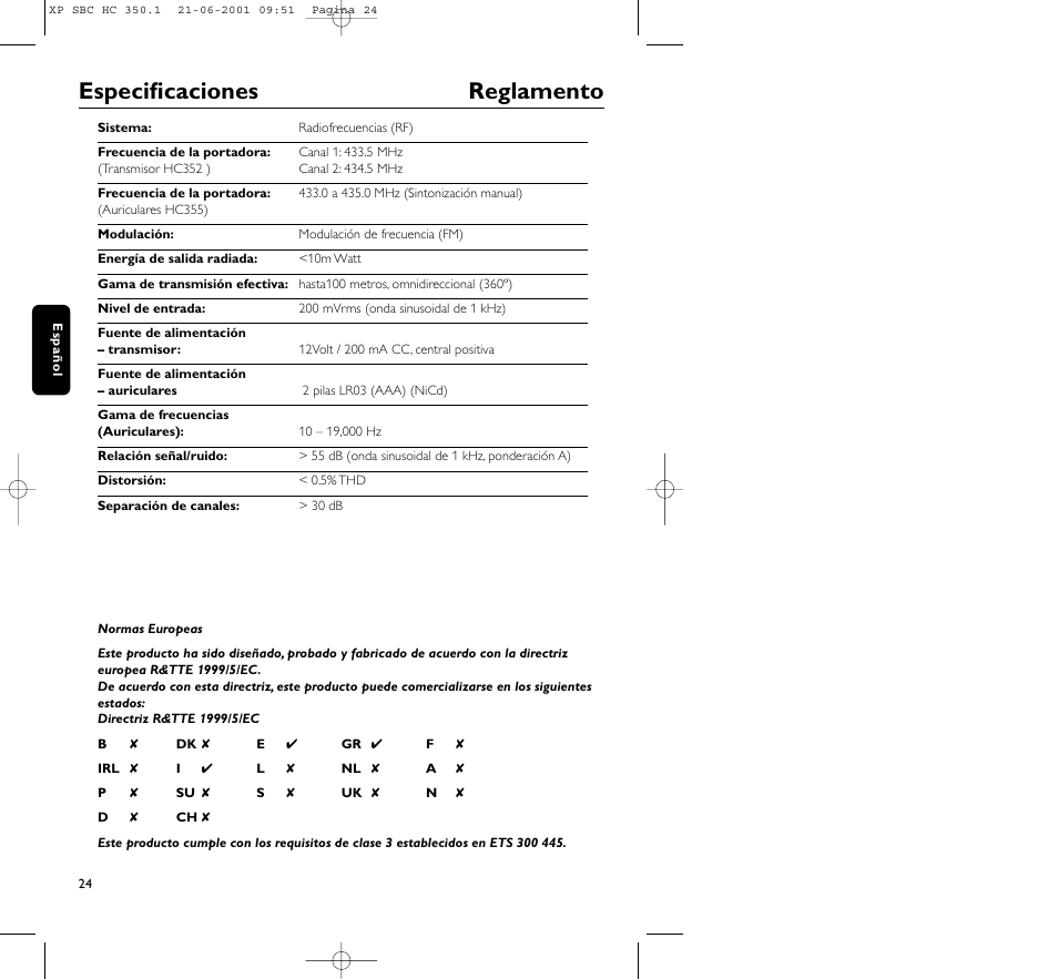 Especificaciones reglamento | Philips HC350 User Manual | Page 24 / 32