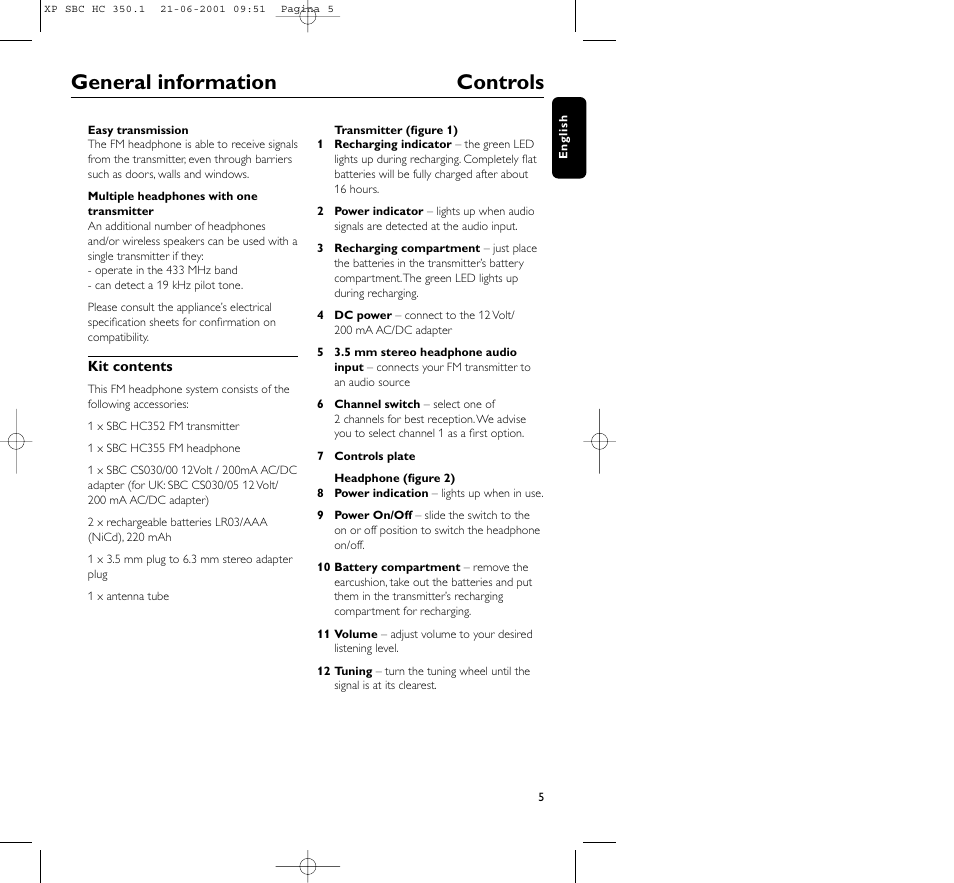 General information controls | Philips HC350 User Manual | Page 5 / 32