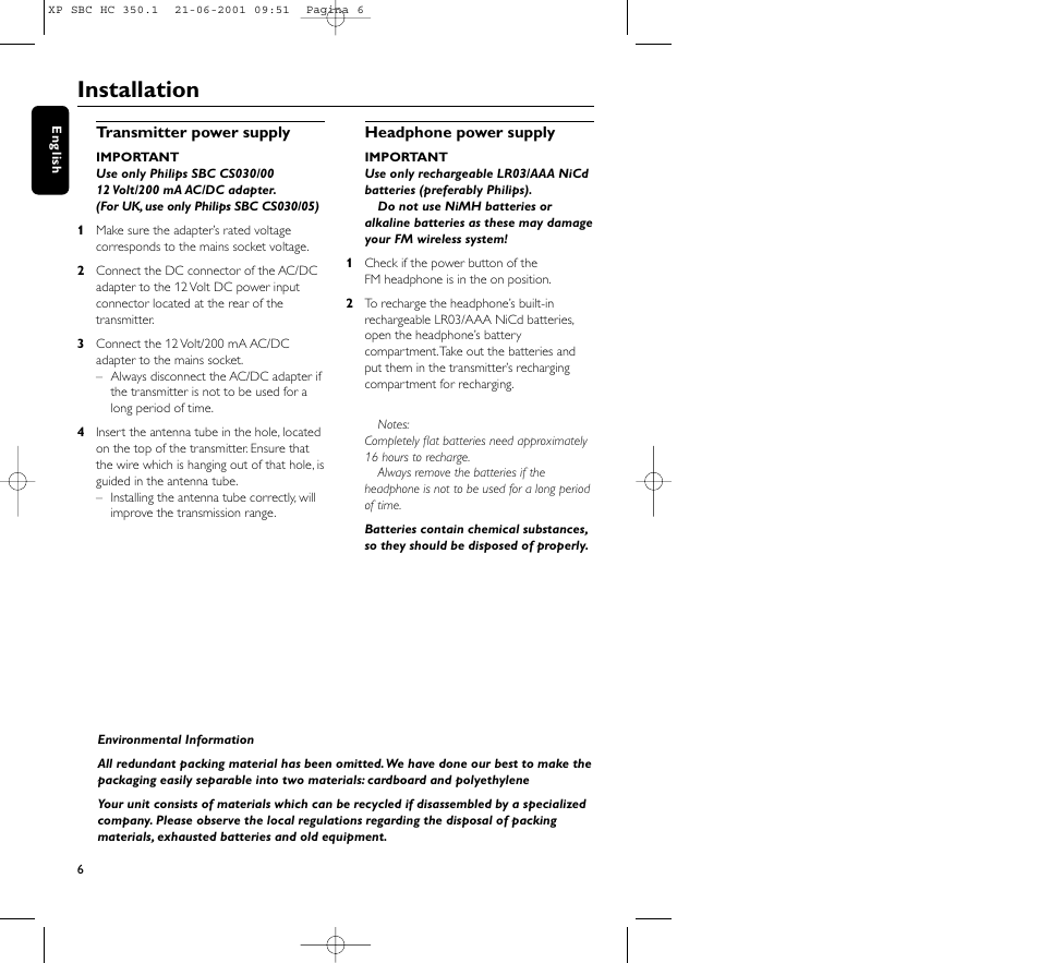 Installation | Philips HC350 User Manual | Page 6 / 32