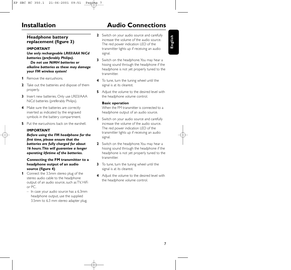 Installation audio connections | Philips HC350 User Manual | Page 7 / 32