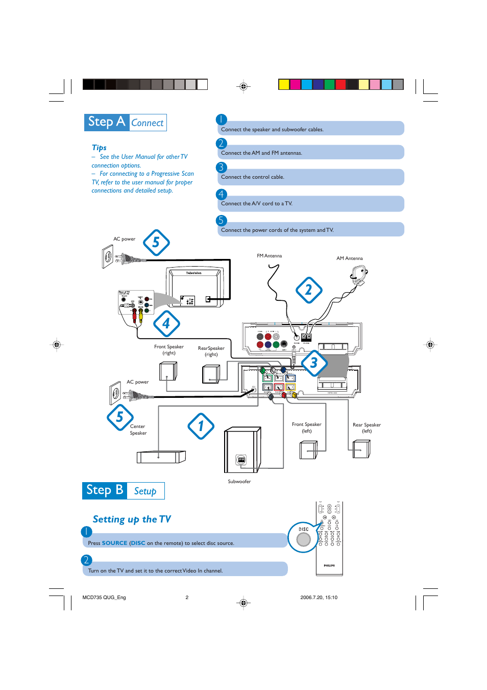 Setting up the tv 1 2 | Philips MCD735 User Manual | Page 2 / 4