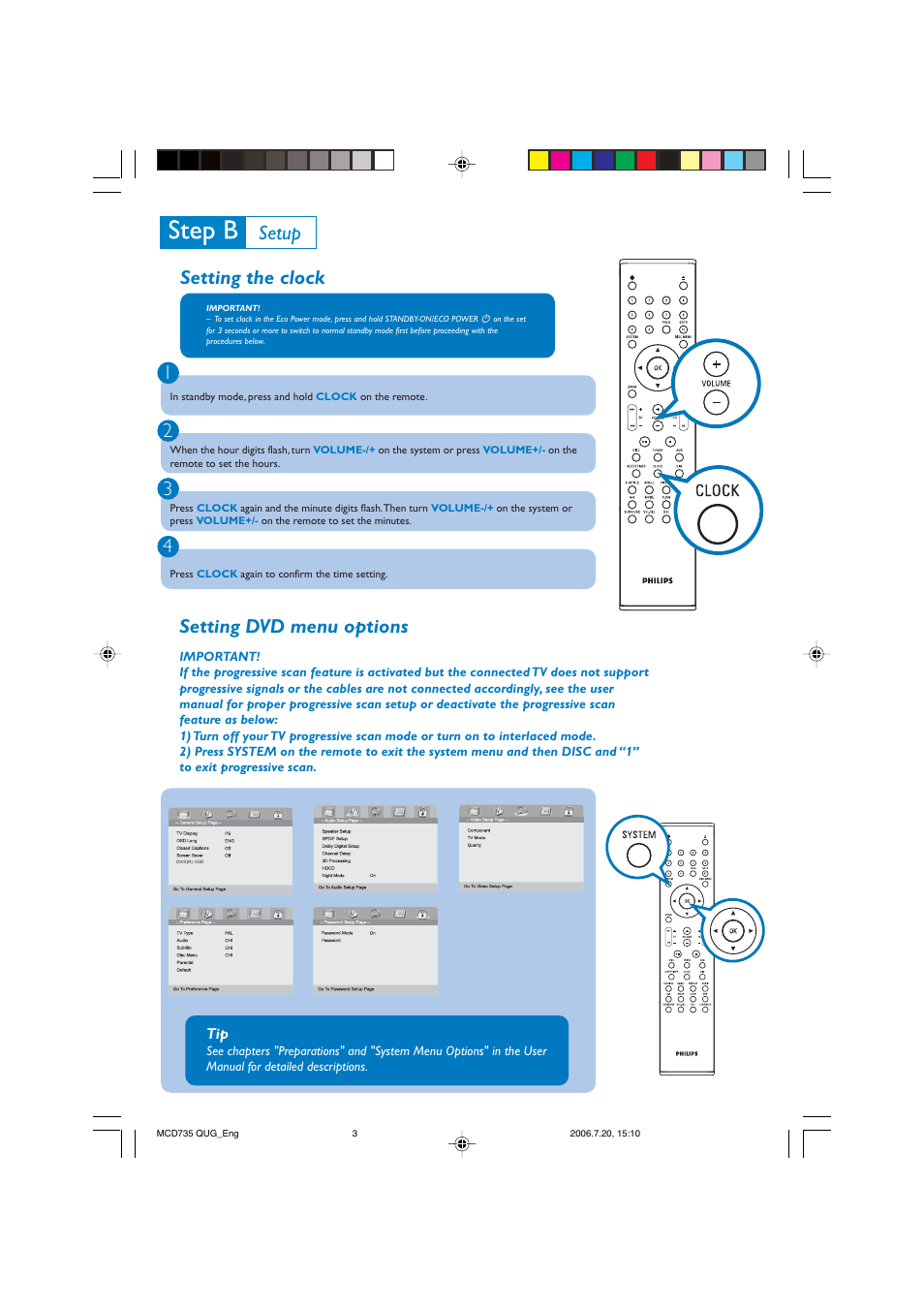 Setting the clock 1 2 3 4, Setting dvd menu options | Philips MCD735 User Manual | Page 3 / 4