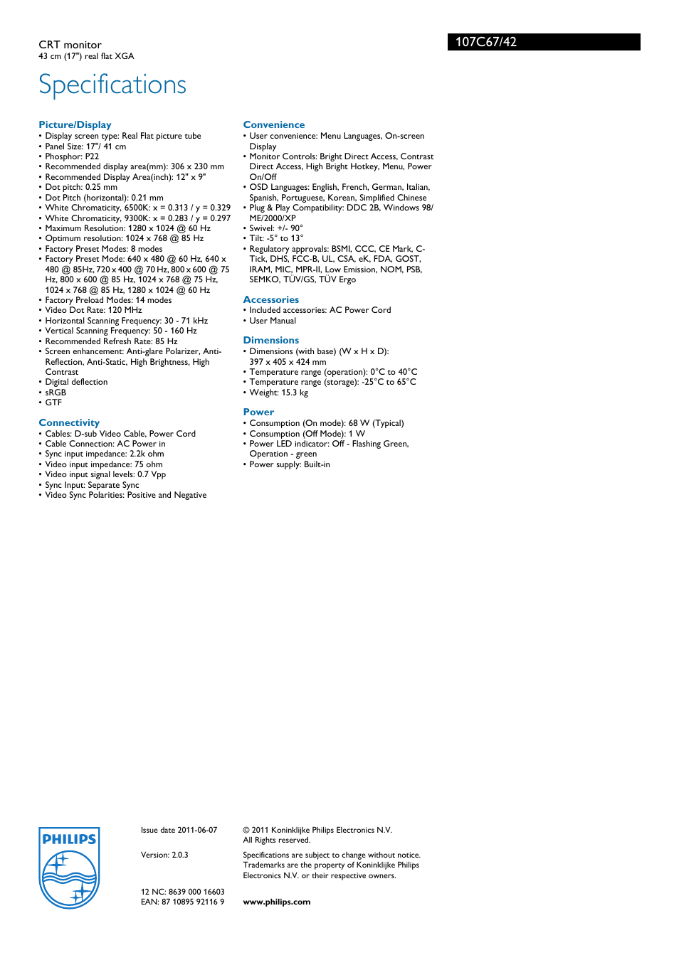 Specifications | Philips 107C67 User Manual | Page 3 / 3