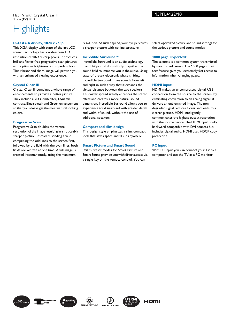 Highlights | Philips 15PFL4122 User Manual | Page 2 / 3