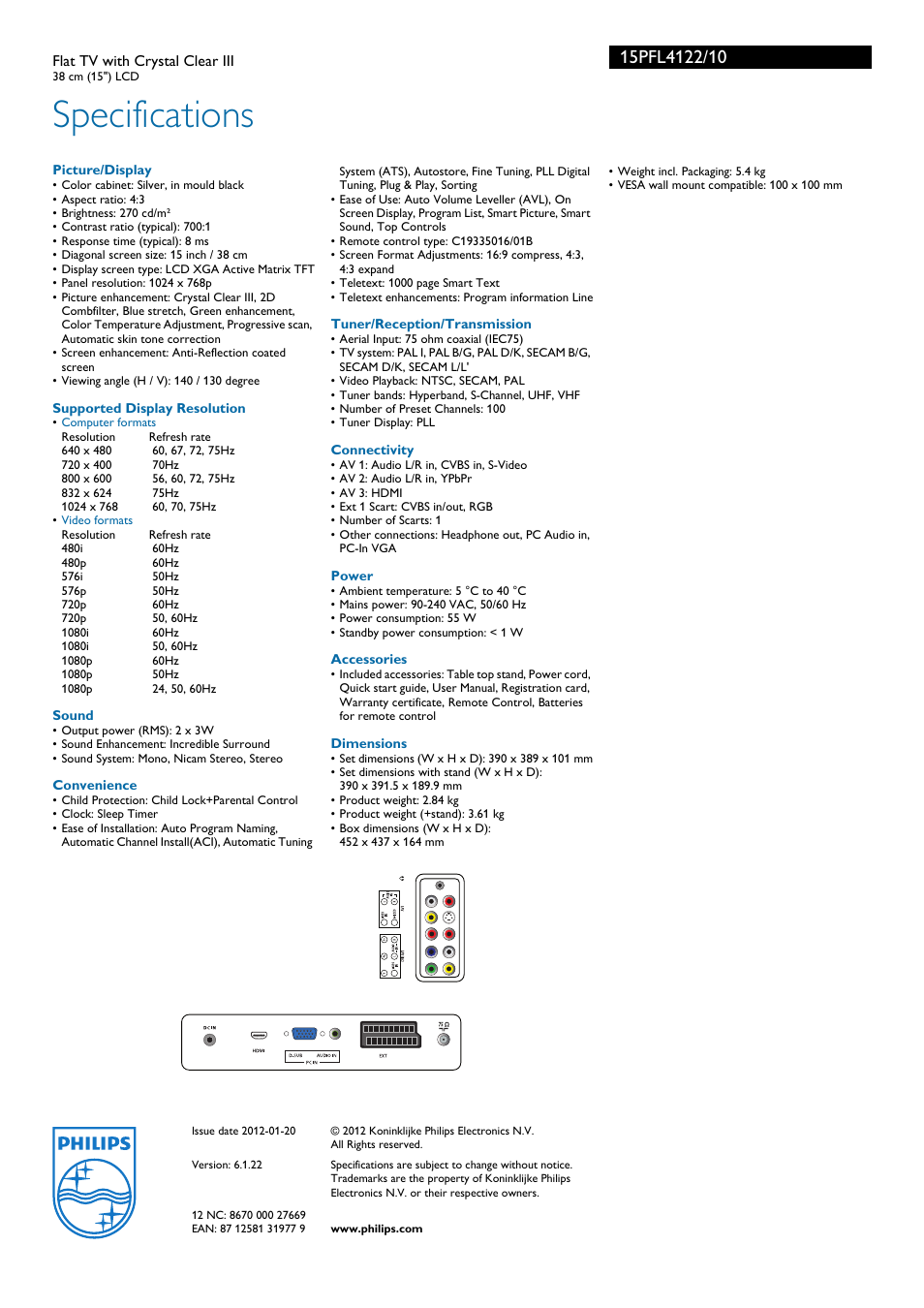 Specifications | Philips 15PFL4122 User Manual | Page 3 / 3