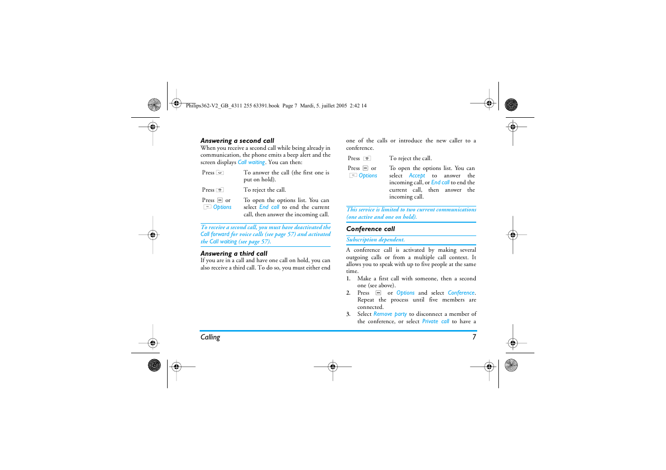 Answering a second call, Answering a third call, Conference call | Philips E-GSM 1800 User Manual | Page 13 / 77