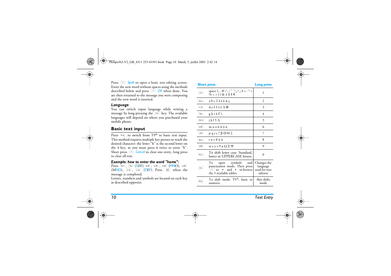 Language, Basic text input, Example: how to enter the word "home | Philips E-GSM 1800 User Manual | Page 16 / 77