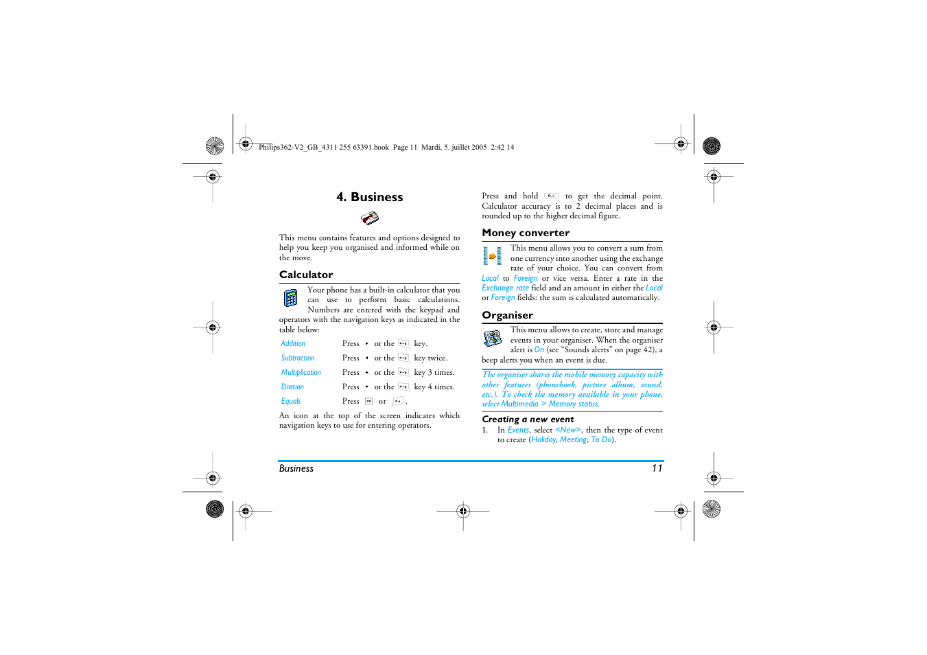 Business, Calculator, Money converter | Organiser | Philips E-GSM 1800 User Manual | Page 17 / 77