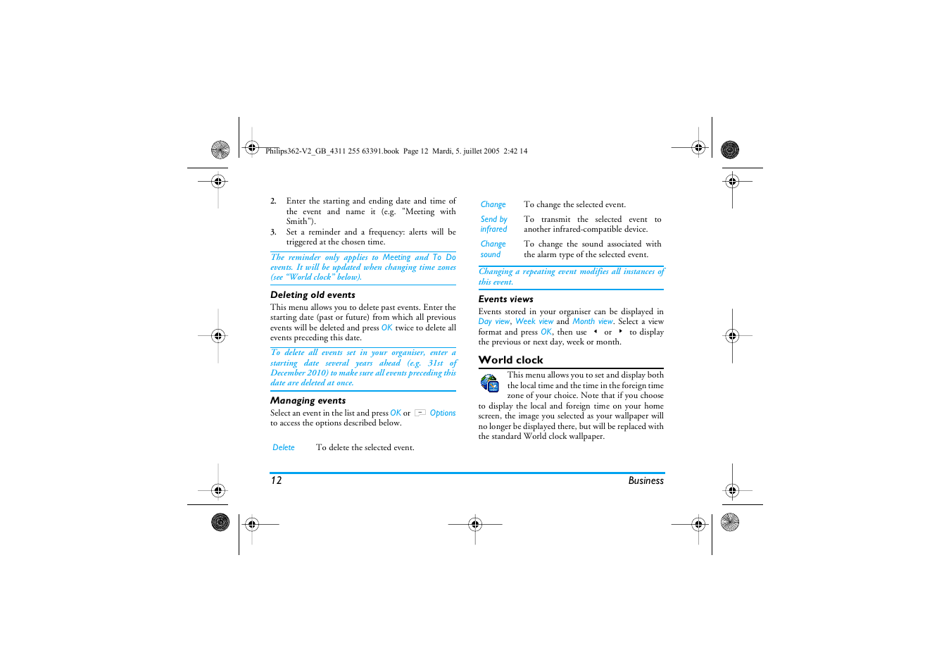 Deleting old events, Managing events, Events views | World clock | Philips E-GSM 1800 User Manual | Page 18 / 77