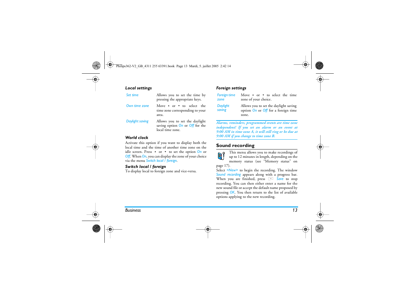 Local settings, World clock, Switch local/foreign | Sound recording | Philips E-GSM 1800 User Manual | Page 19 / 77