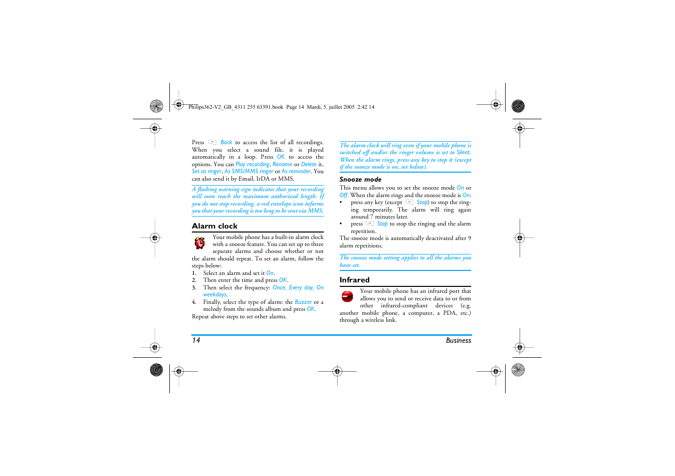 Alarm clock, Snooze mode, Infrared | Philips E-GSM 1800 User Manual | Page 20 / 77