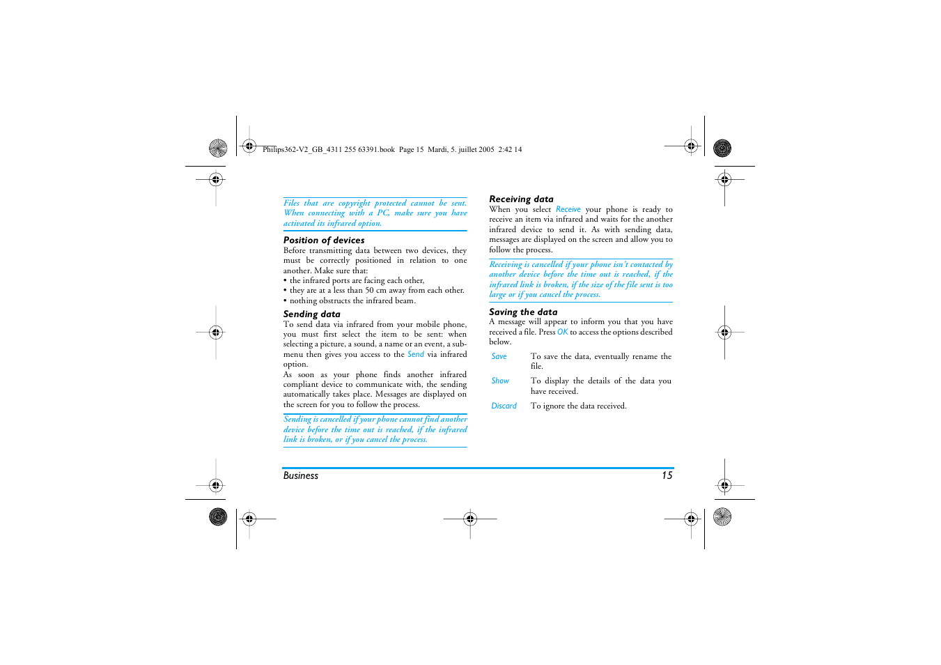 Position of devices, Sending data, Receiving data | Saving the data | Philips E-GSM 1800 User Manual | Page 21 / 77