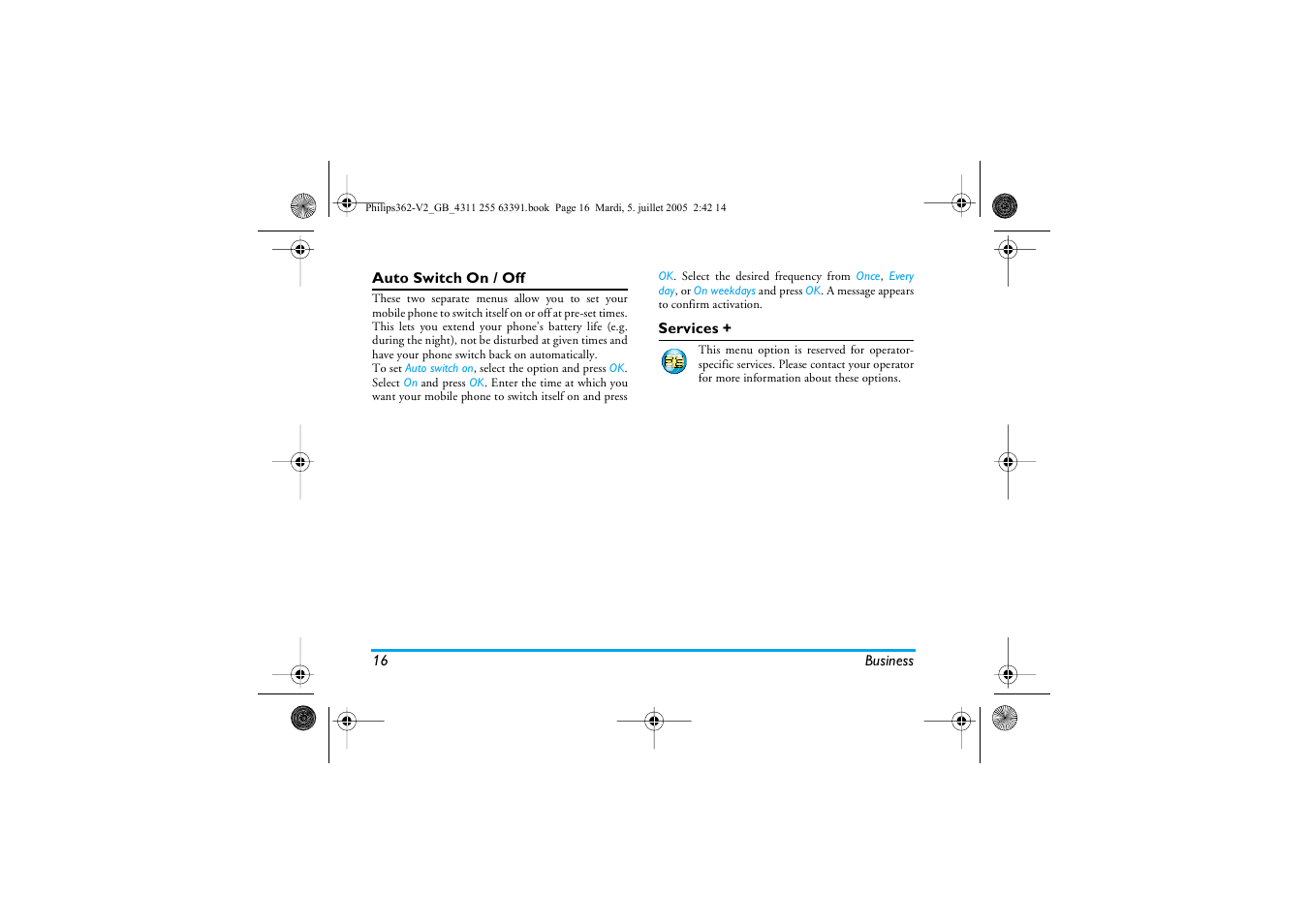 Auto switch on / off, Services | Philips E-GSM 1800 User Manual | Page 22 / 77