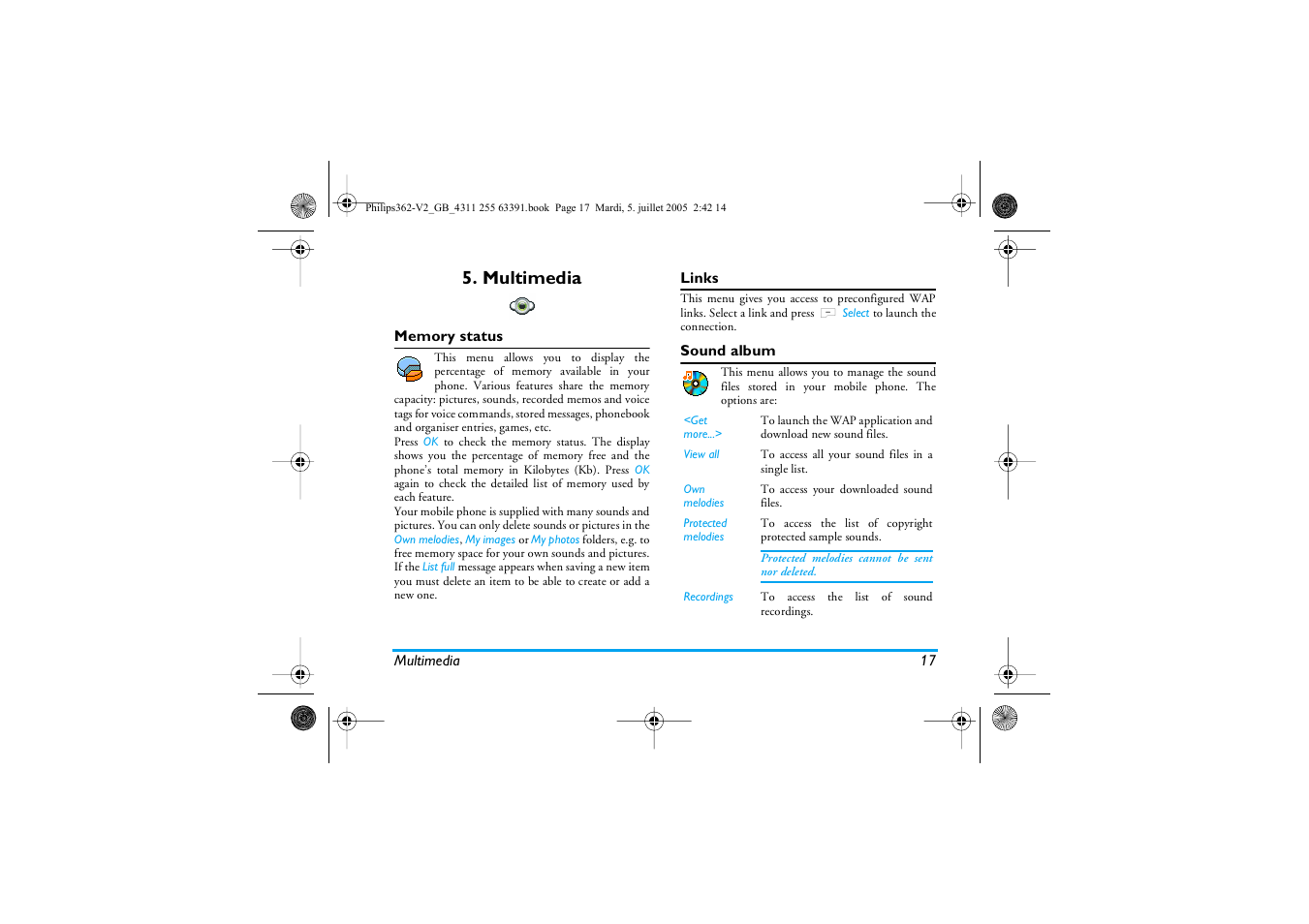 Multimedia, Memory status, Links | Sound album | Philips E-GSM 1800 User Manual | Page 23 / 77