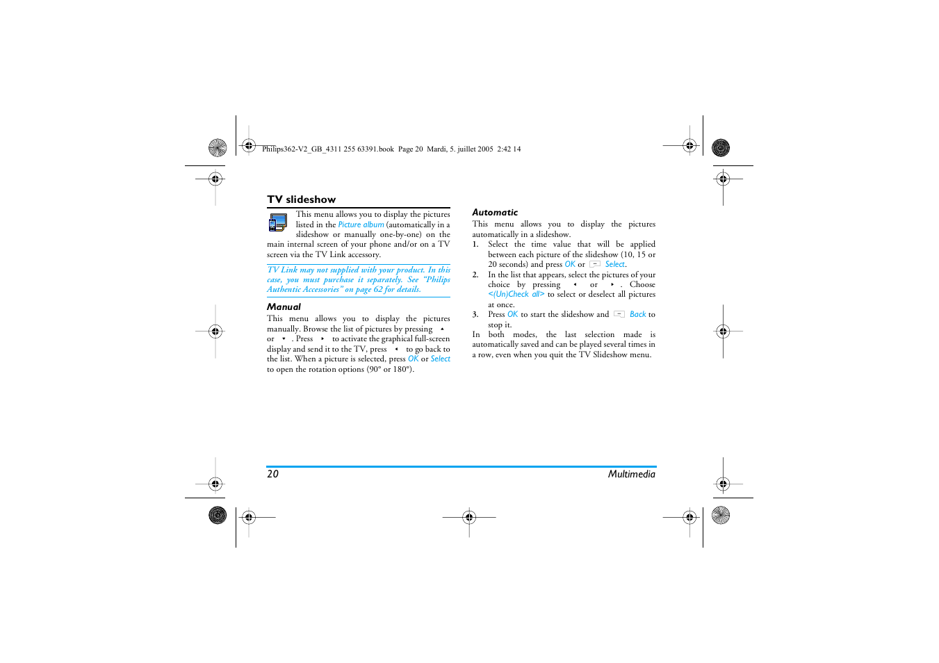 Tv slideshow, Manual, Automatic | Philips E-GSM 1800 User Manual | Page 26 / 77