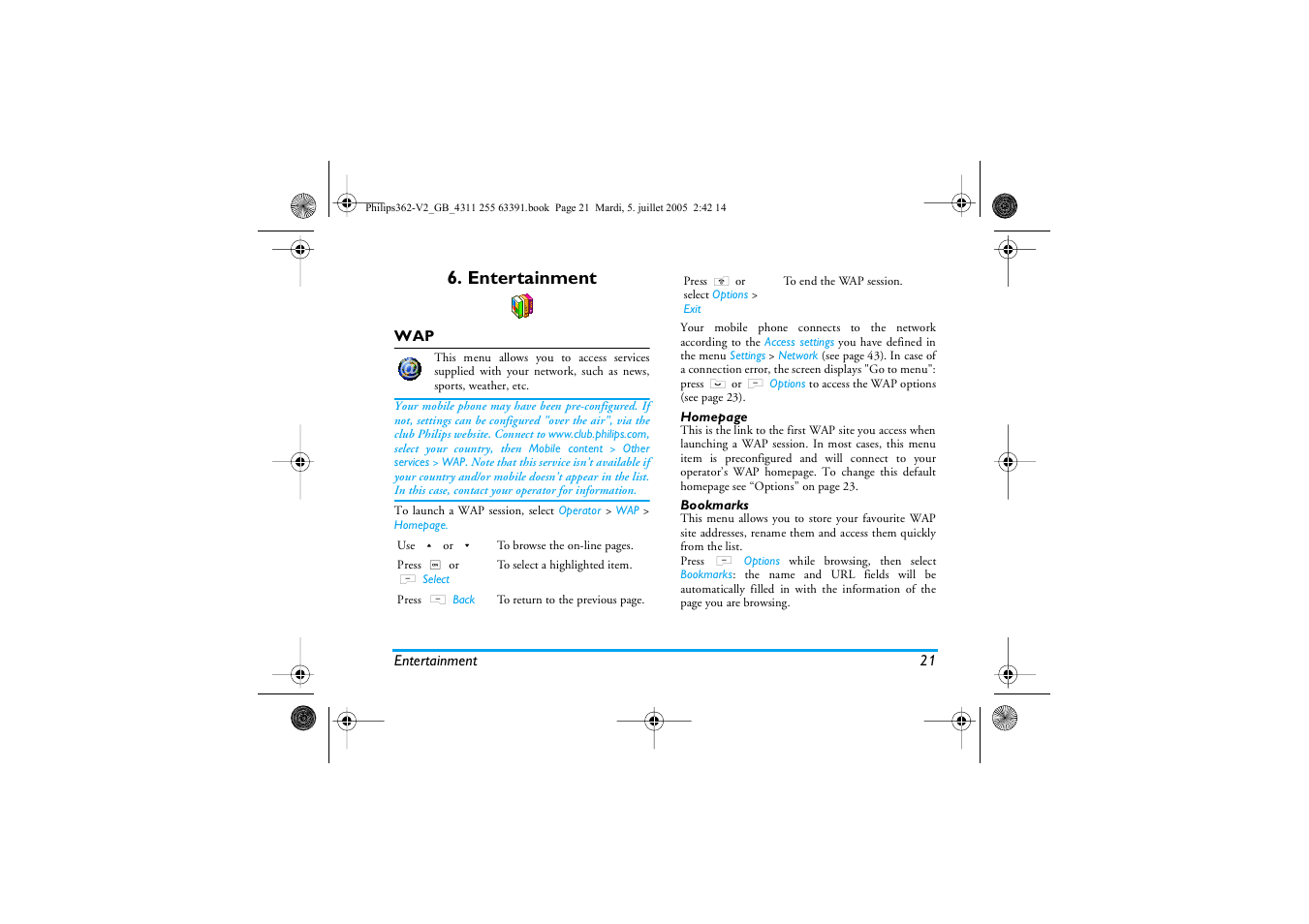 Entertainment, Bookmarks | Philips E-GSM 1800 User Manual | Page 27 / 77