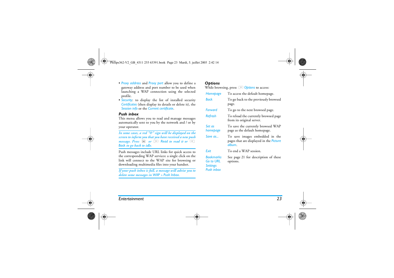 Push inbox, Options | Philips E-GSM 1800 User Manual | Page 29 / 77