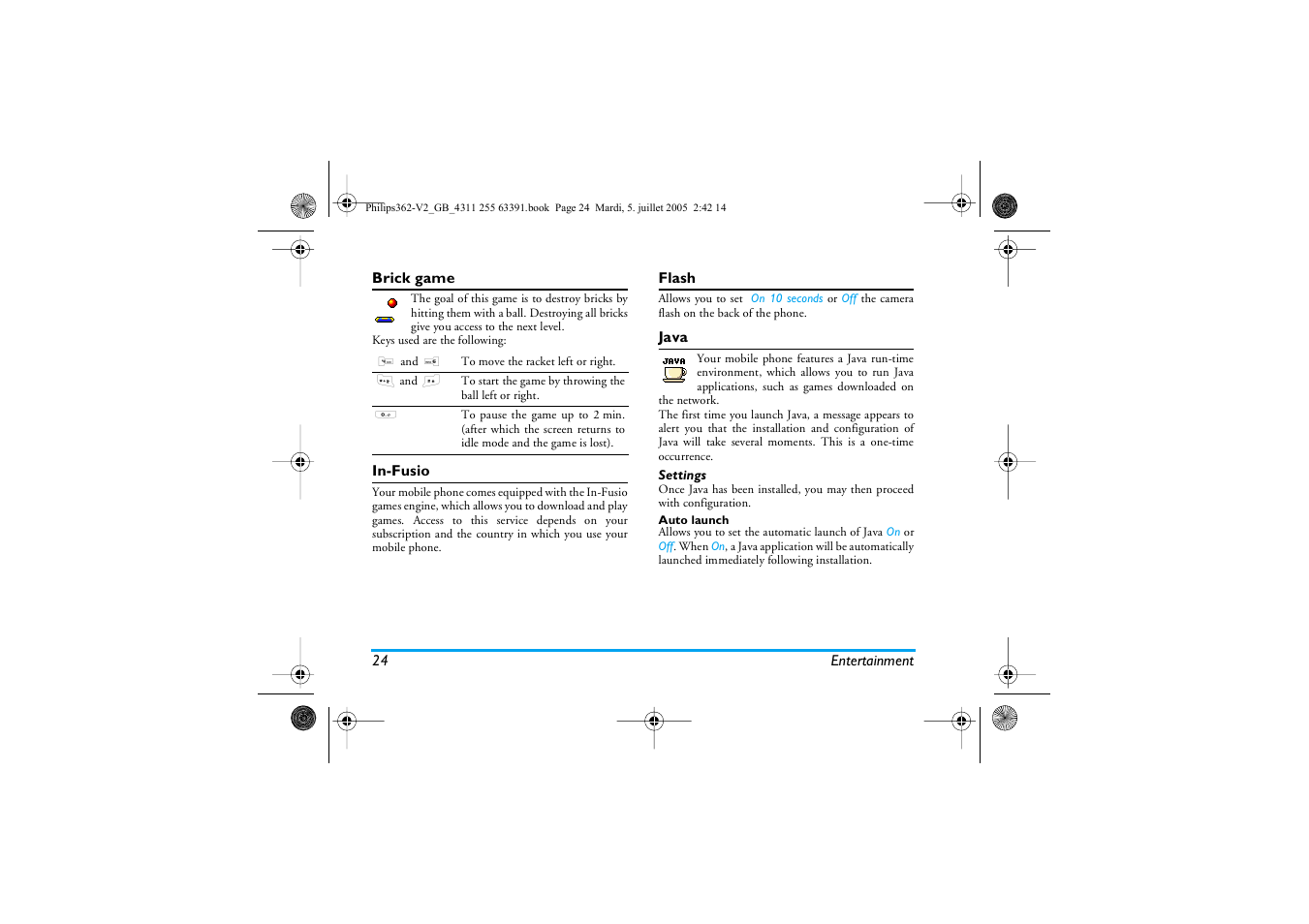 Brick game, In-fusio, Flash | Java, Settings | Philips E-GSM 1800 User Manual | Page 30 / 77