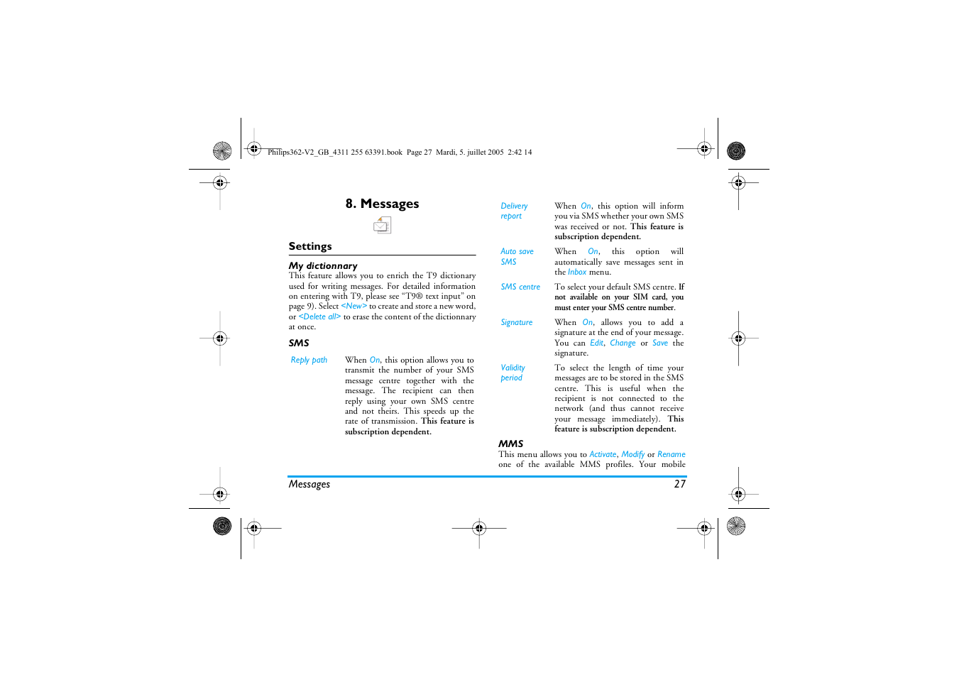 Messages, Settings, My dictionnary | Philips E-GSM 1800 User Manual | Page 33 / 77