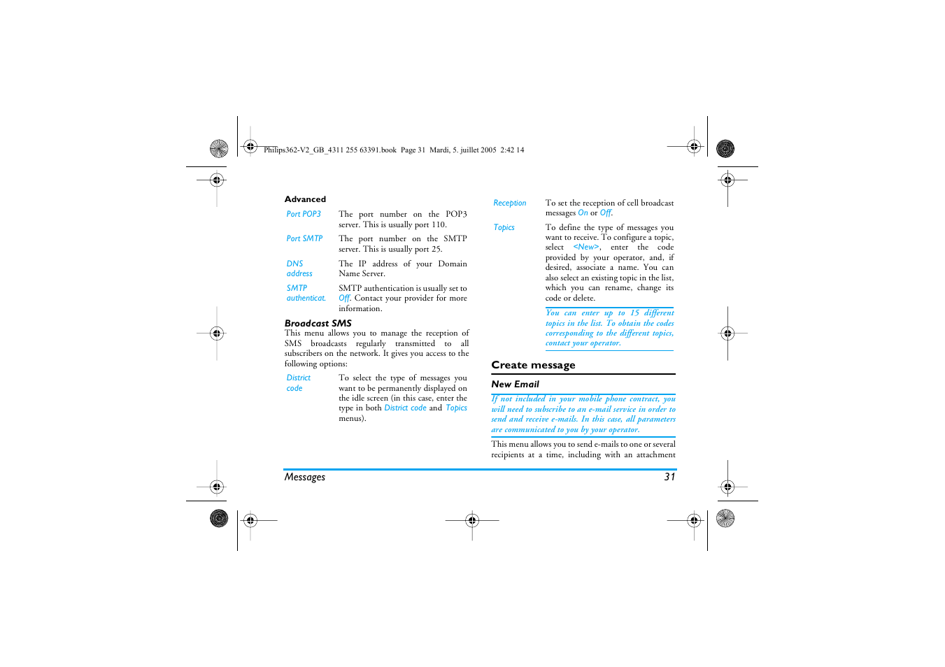 Broadcast sms, Create message, New email | Philips E-GSM 1800 User Manual | Page 37 / 77